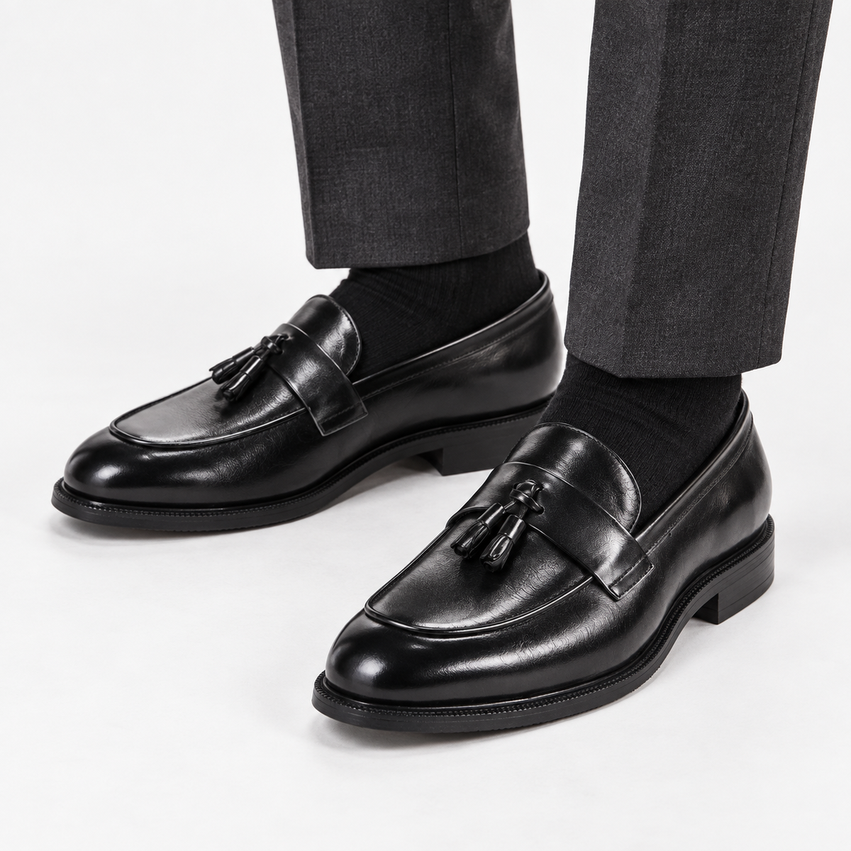 Leonardo classic slip luxury shoes in black, front worn view
