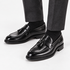 Leonardo classic slip luxury shoes in black, front worn view