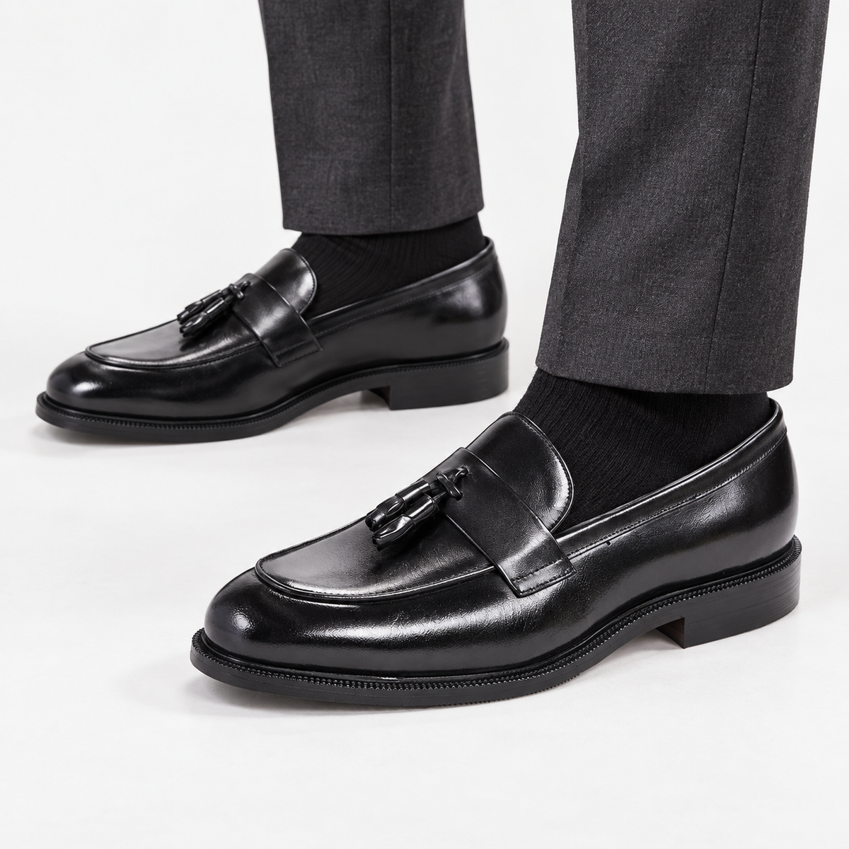 Leonardo classic slip luxury shoes in black, side worn view