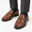 Leonardo classic italian loafers with chain in brown, front worn view
