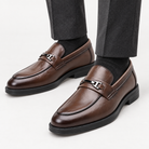 Leonardo slip-on business loafers in brown, front worn view