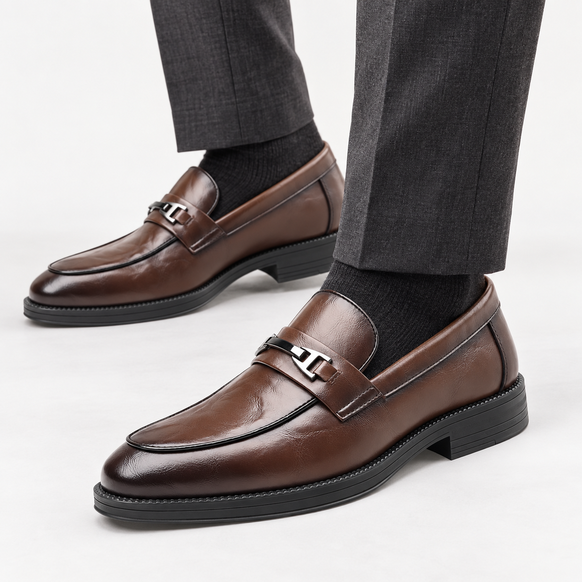 Leonardo slip-on business loafers in brown, side worn view