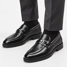Leonardo slip-on business loafers in black, front worn view