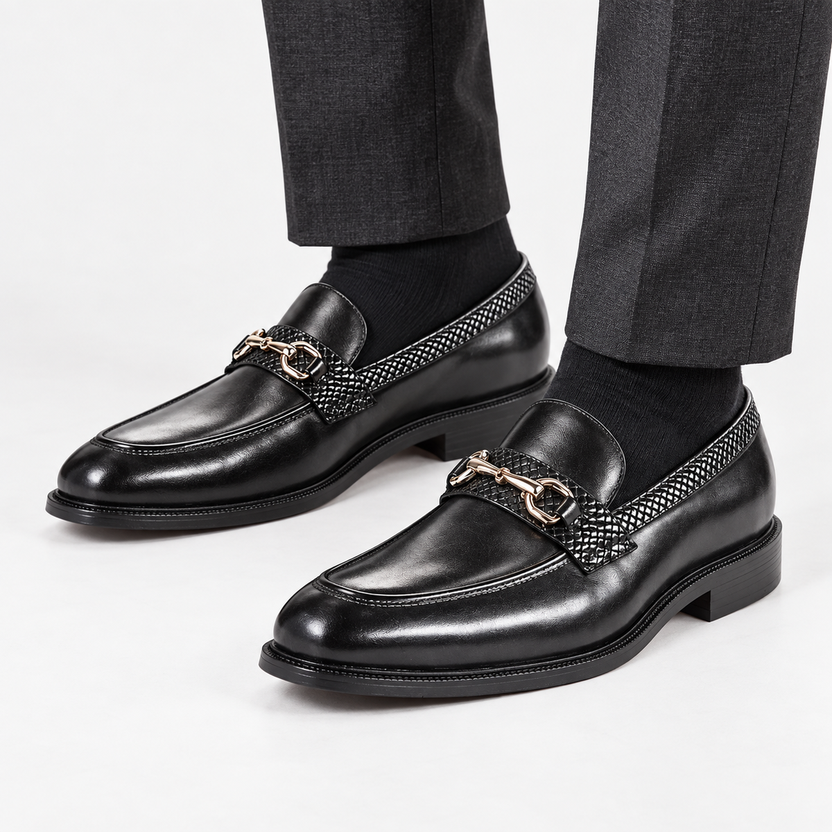 Leonardo metal buckles business loafers in black, front worn view