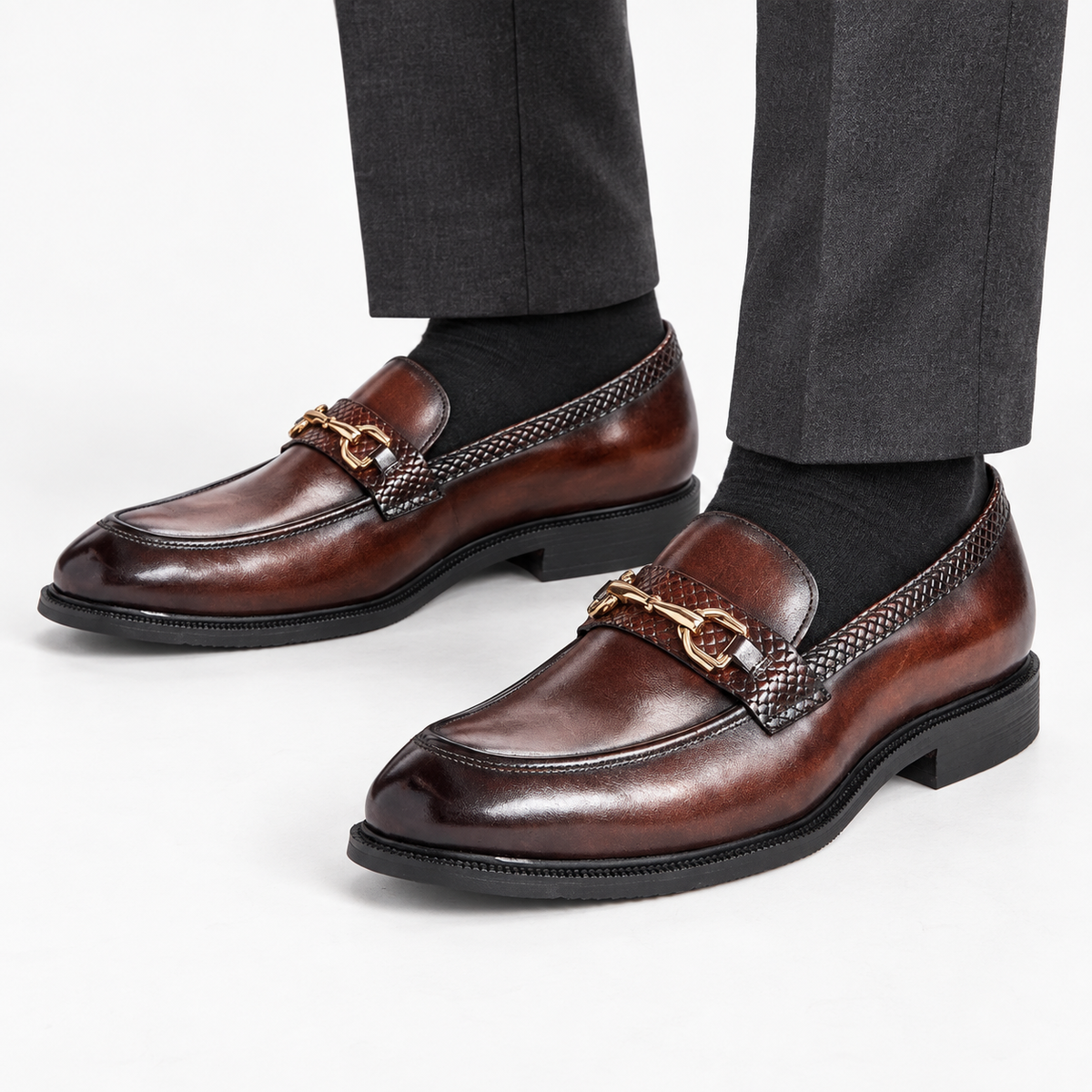 Leonardo metal buckles business loafers in brown, front worn view