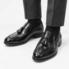Leonardo italian style tassel loafers in black, front worn view