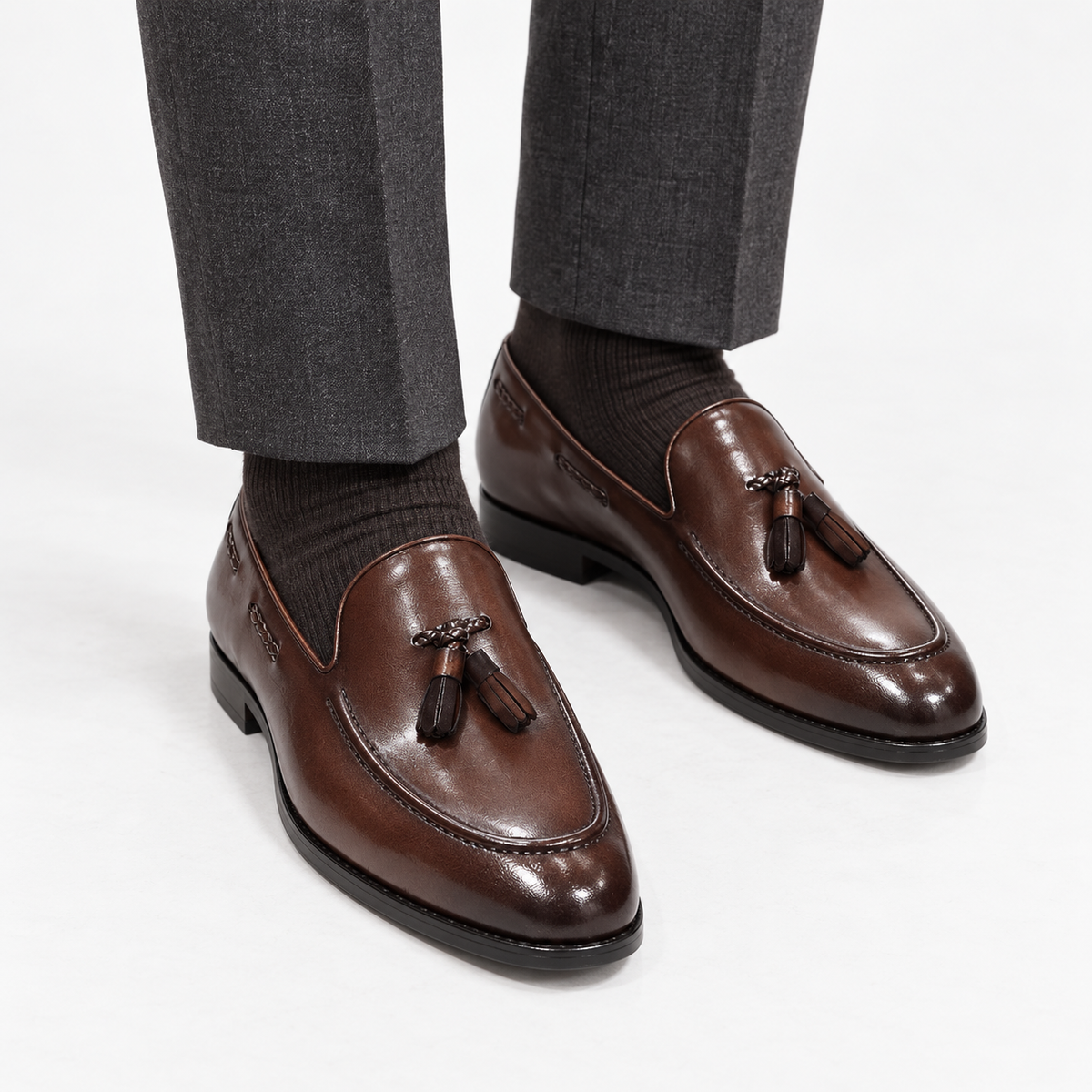 Leonardo italian style tassel loafers in brown, front worn view