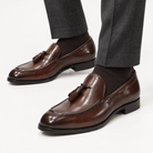 Leonardo italian style tassel loafers in brown, side worn view