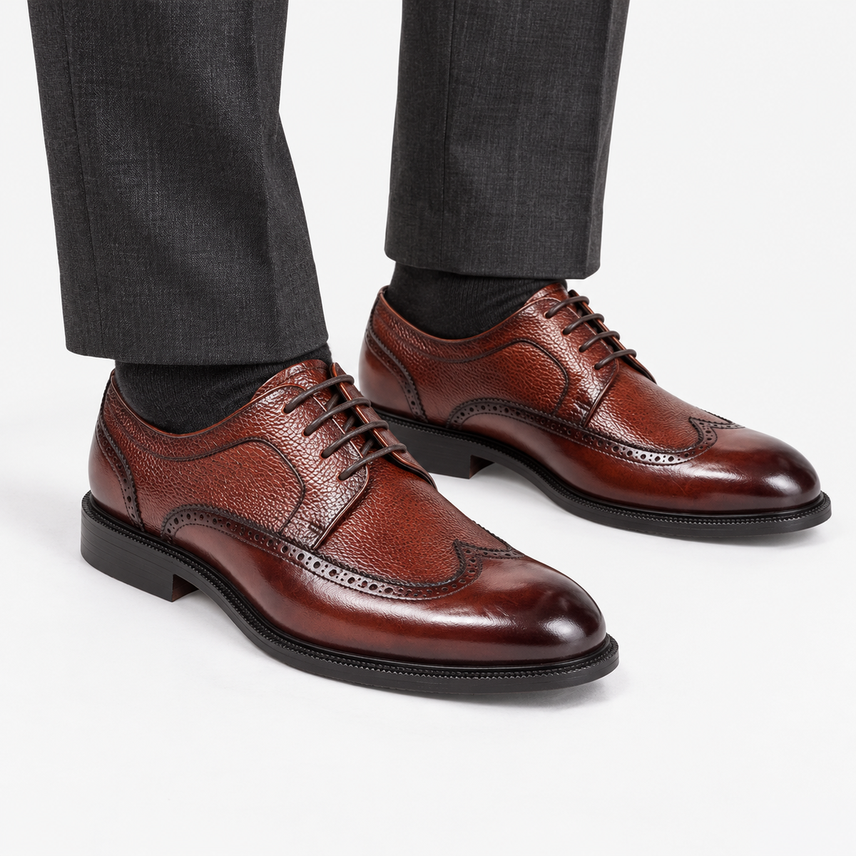 Leonardo formal genuine leather shoes in brown, front worn view