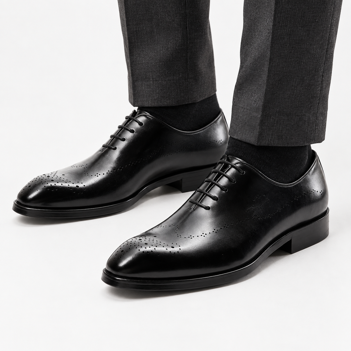 Leonardo genuine leather premium shoes in black, front worn view