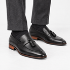Leonardo genuine leather italian moccasins in black, front worn view
