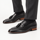 Leonardo genuine leather italian moccasins in black, side worn view
