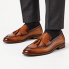 Leonardo genuine leather italian moccasins in brown, front worn view