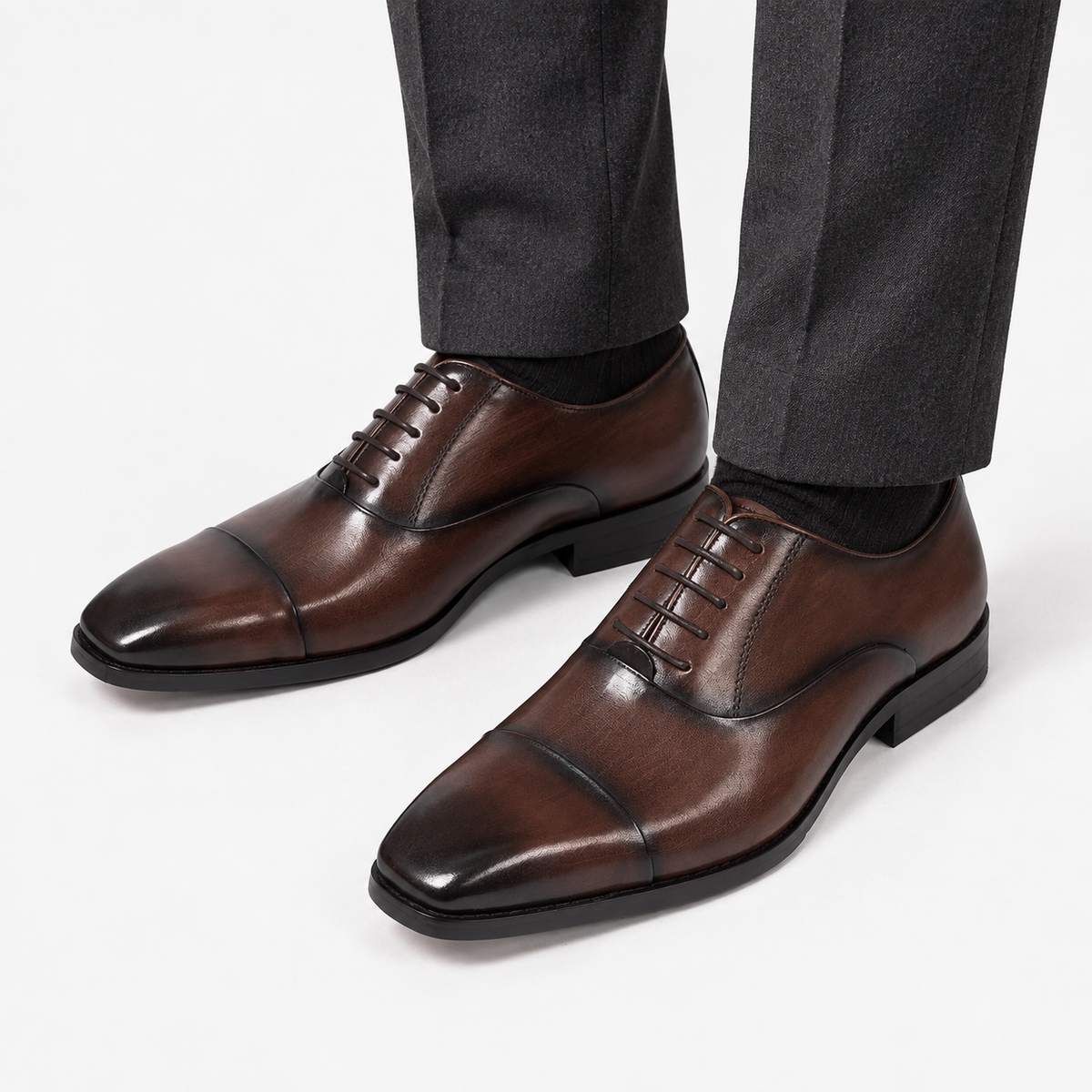 Wedding genuine leather premium shoes in brown, front worn view