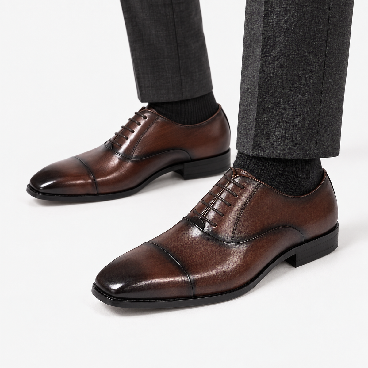 Wedding genuine leather premium shoes in brown, side worn view