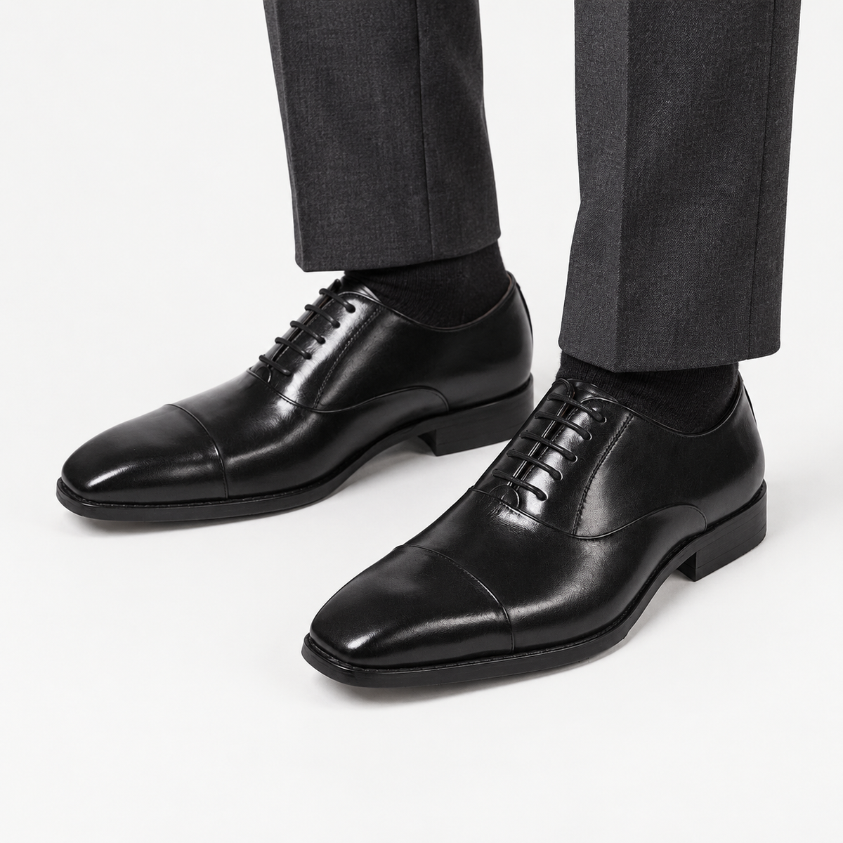 Wedding genuine leather premium shoes in black, front worn view