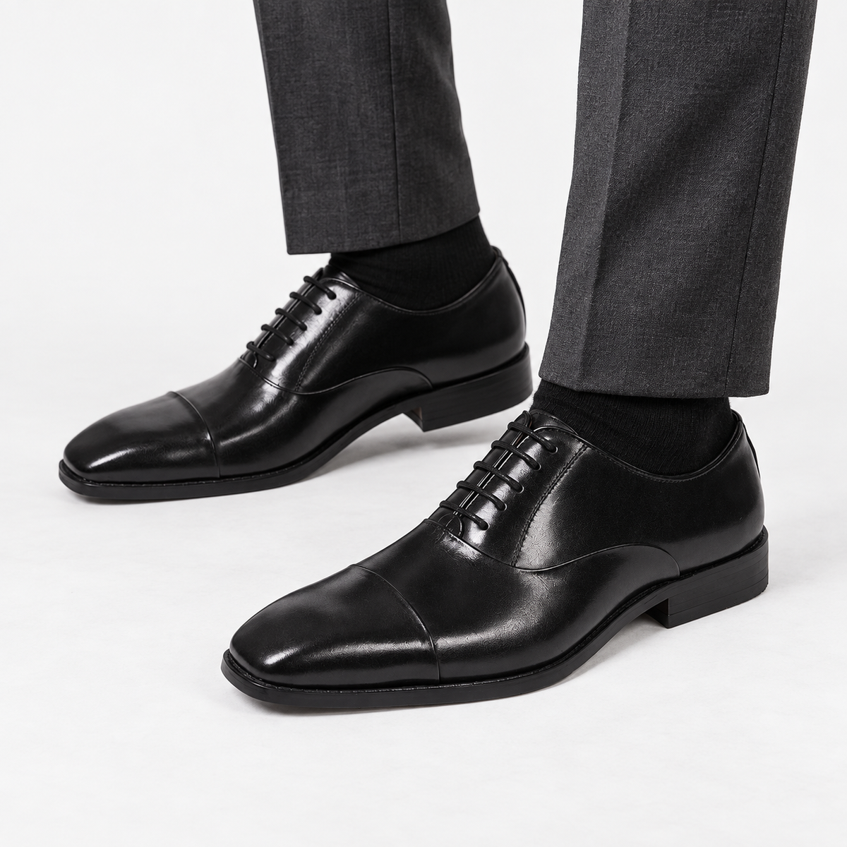 Wedding genuine leather premium shoes in black, side worn view