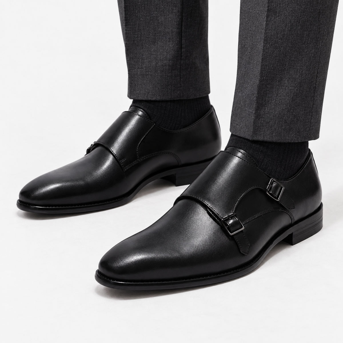 Leonardo monk-strap leather shoes in black, front worn view