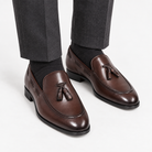 Leonardo tassel genuine leather loafers in brown, front worn view