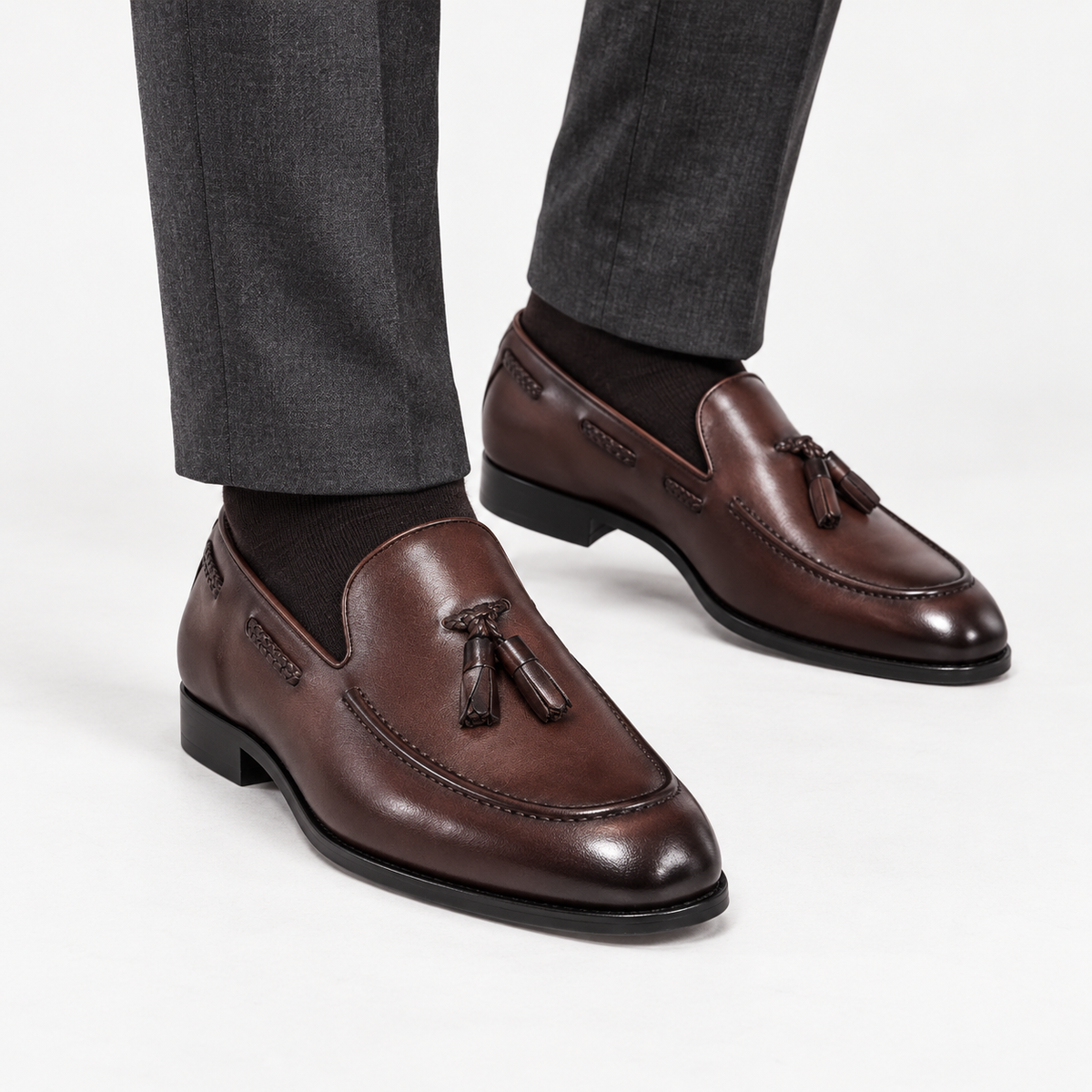 Leonardo tassel genuine leather loafers in brown, side worn view