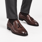 Leonardo tassel genuine leather loafers in brown, side worn view