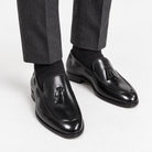 Leonardo tassel genuine leather loafers in black, front worn view
