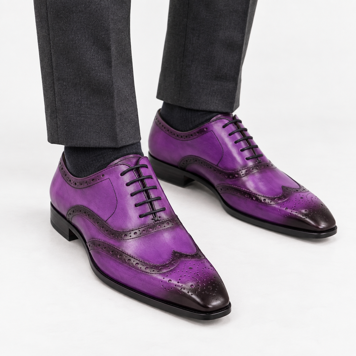 Leonardo genuine leather brogue shoes in purple, front worn view