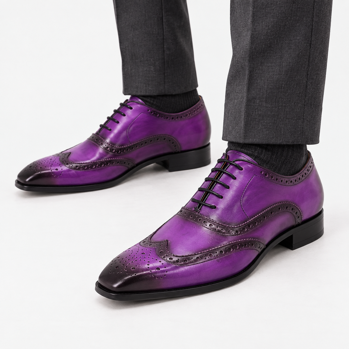 Leonardo genuine leather brogue shoes in purple, side worn view