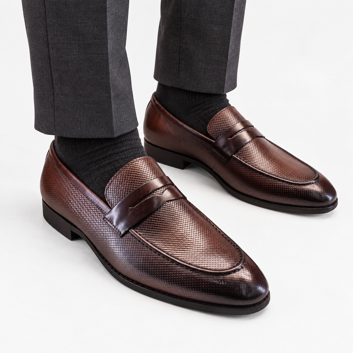 Leonardo genuine leather penny loafers in coffee, front worn view