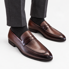 Leonardo genuine leather penny loafers in coffee, front worn view