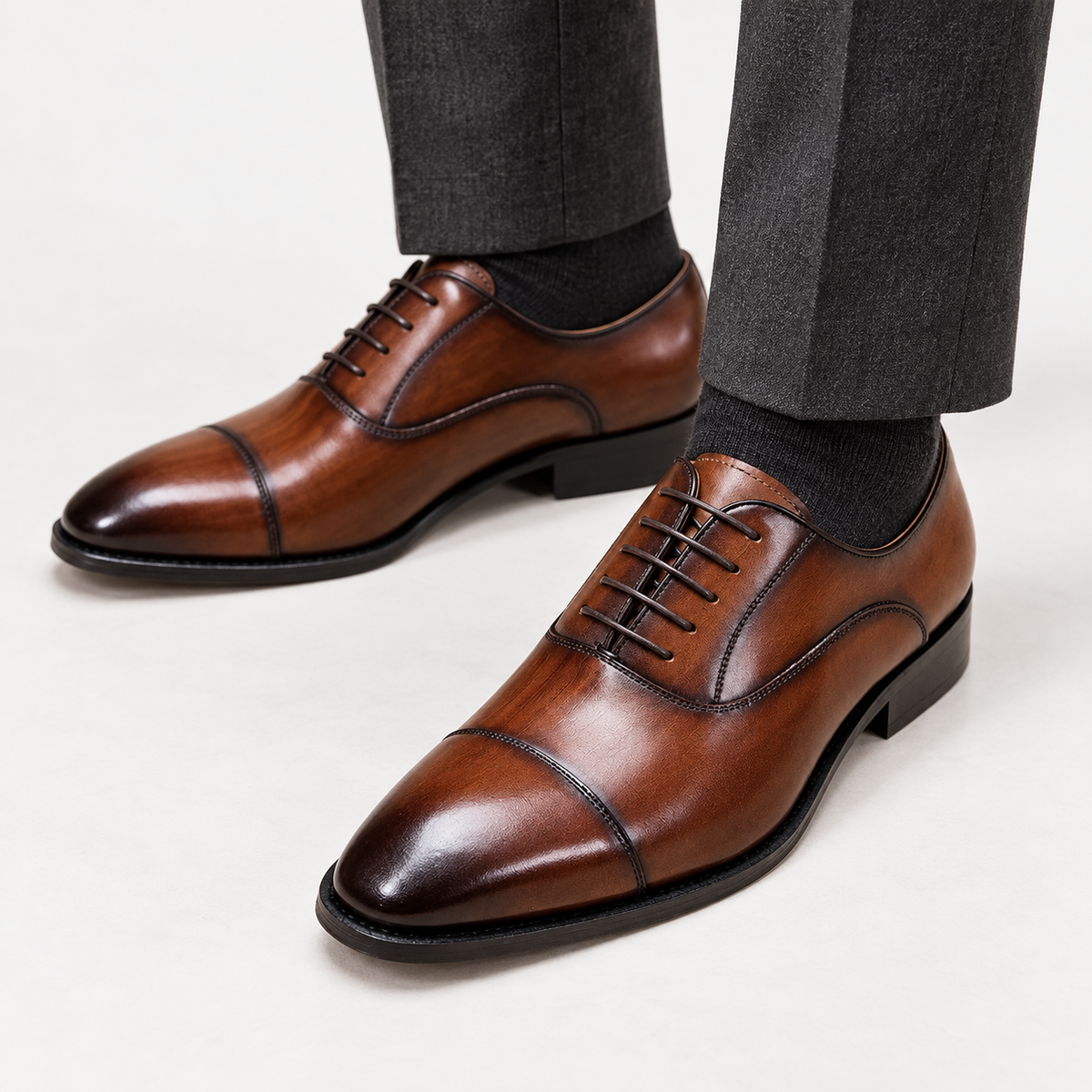 Leonardo oxford genuine leather shoes in brown, front worn view