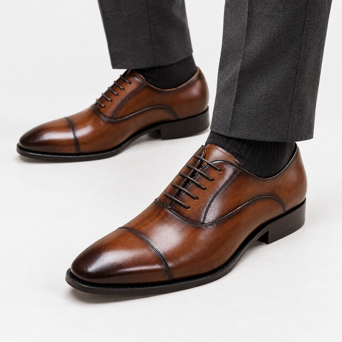 Leonardo oxford genuine leather shoes in brown, side worn view