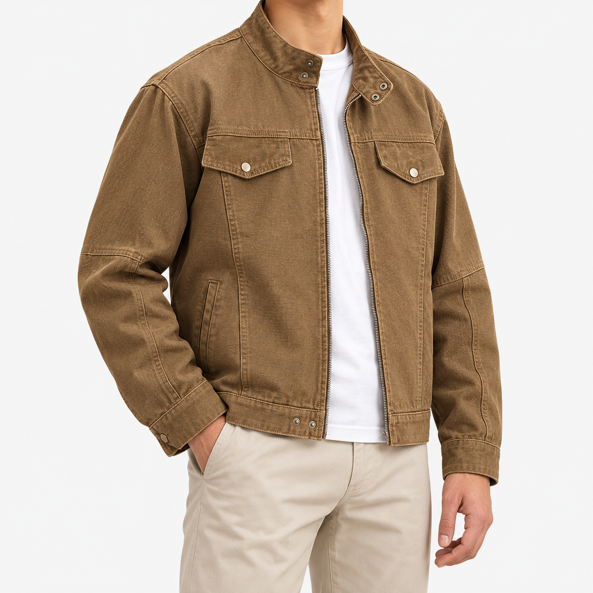 Leonardo pure cotton spring/autumn jacket in khaki, three-quarter model view