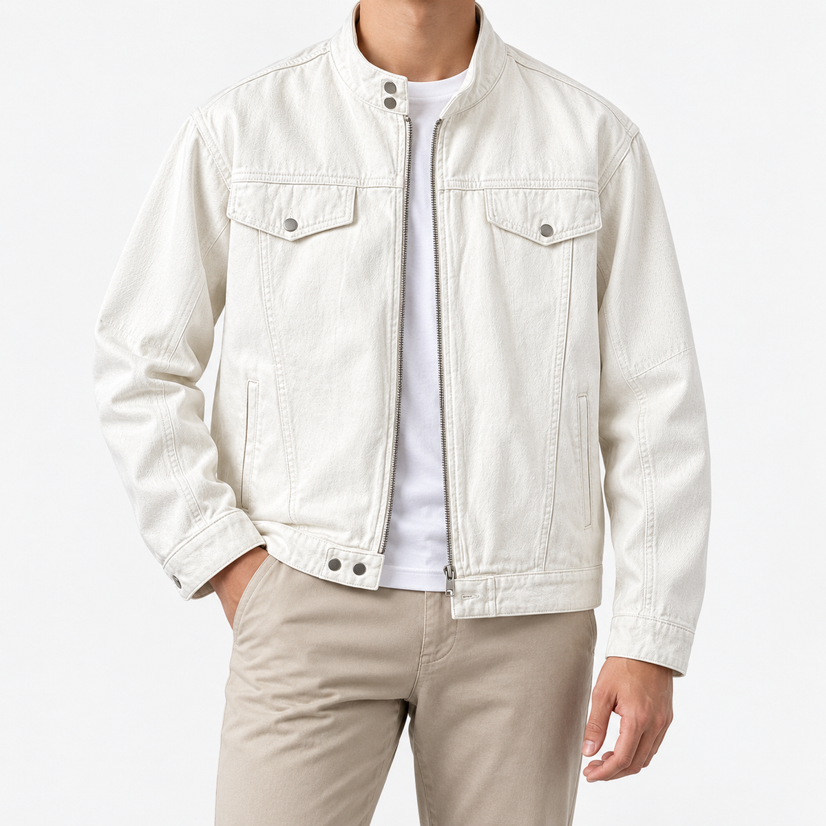 Leonardo pure cotton spring/autumn jacket in white, front model view