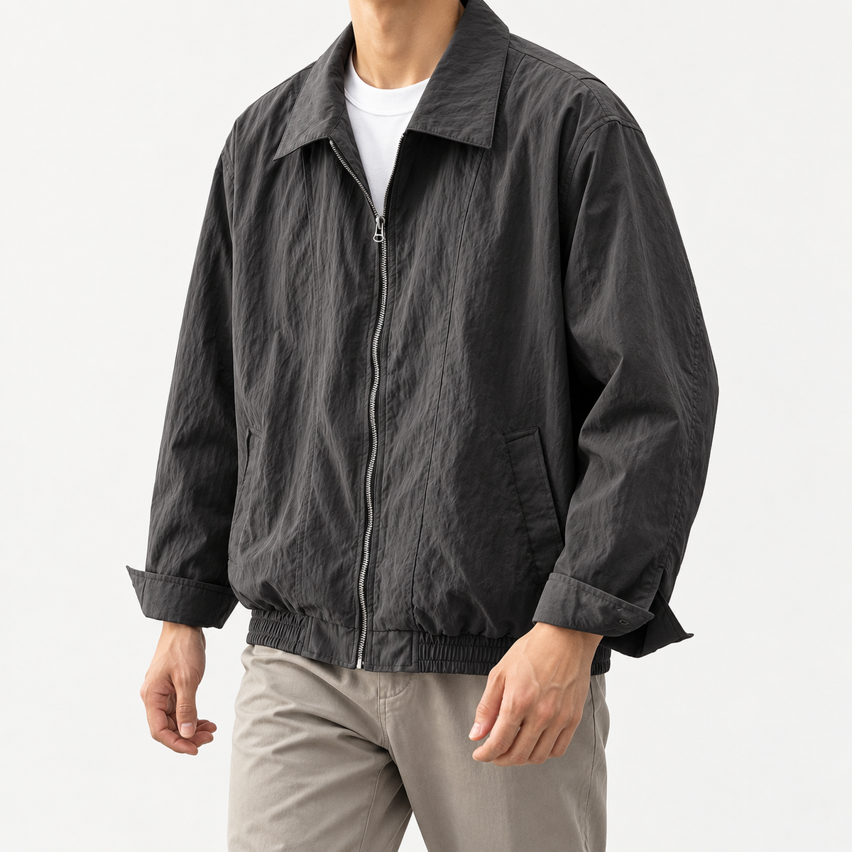 Will retro loose bomber jacket in gray, three-quarter model view