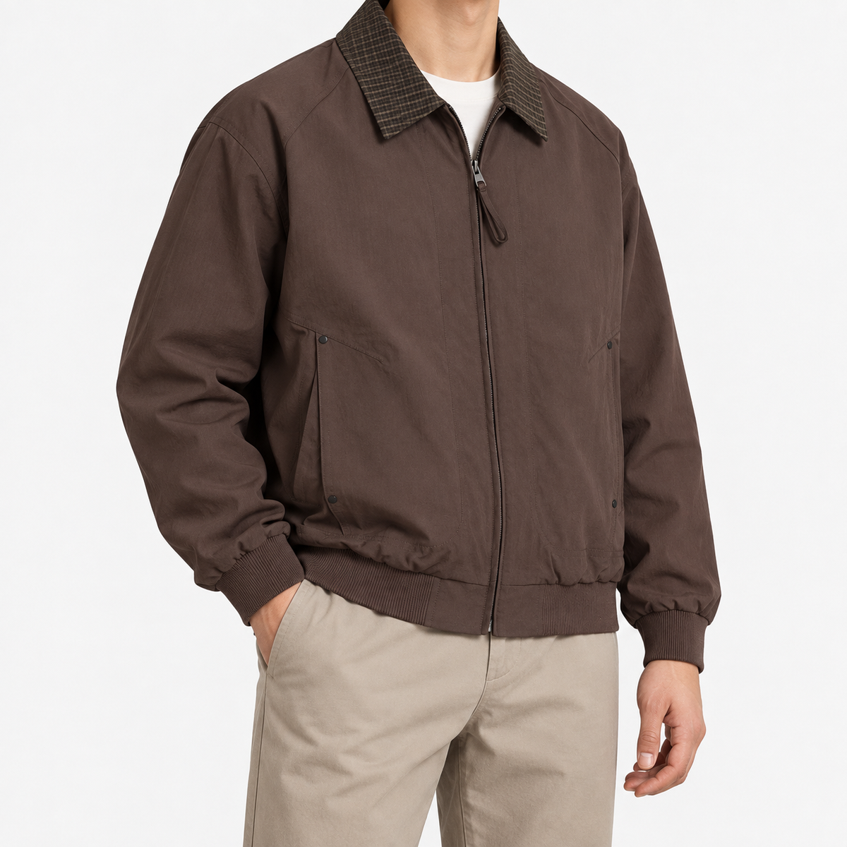Leonardo spring/autumn bomber jacket in coffee, three-quarter model view