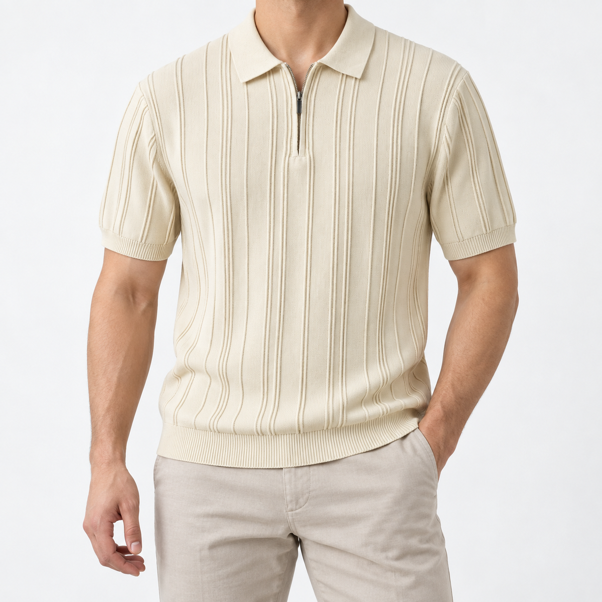 Leonardo summer business polo shirt in apricot, front model view