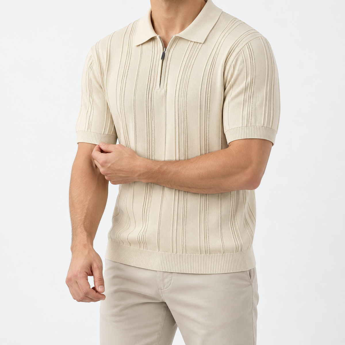 Leonardo summer business polo shirt in apricot, three-quarter model view