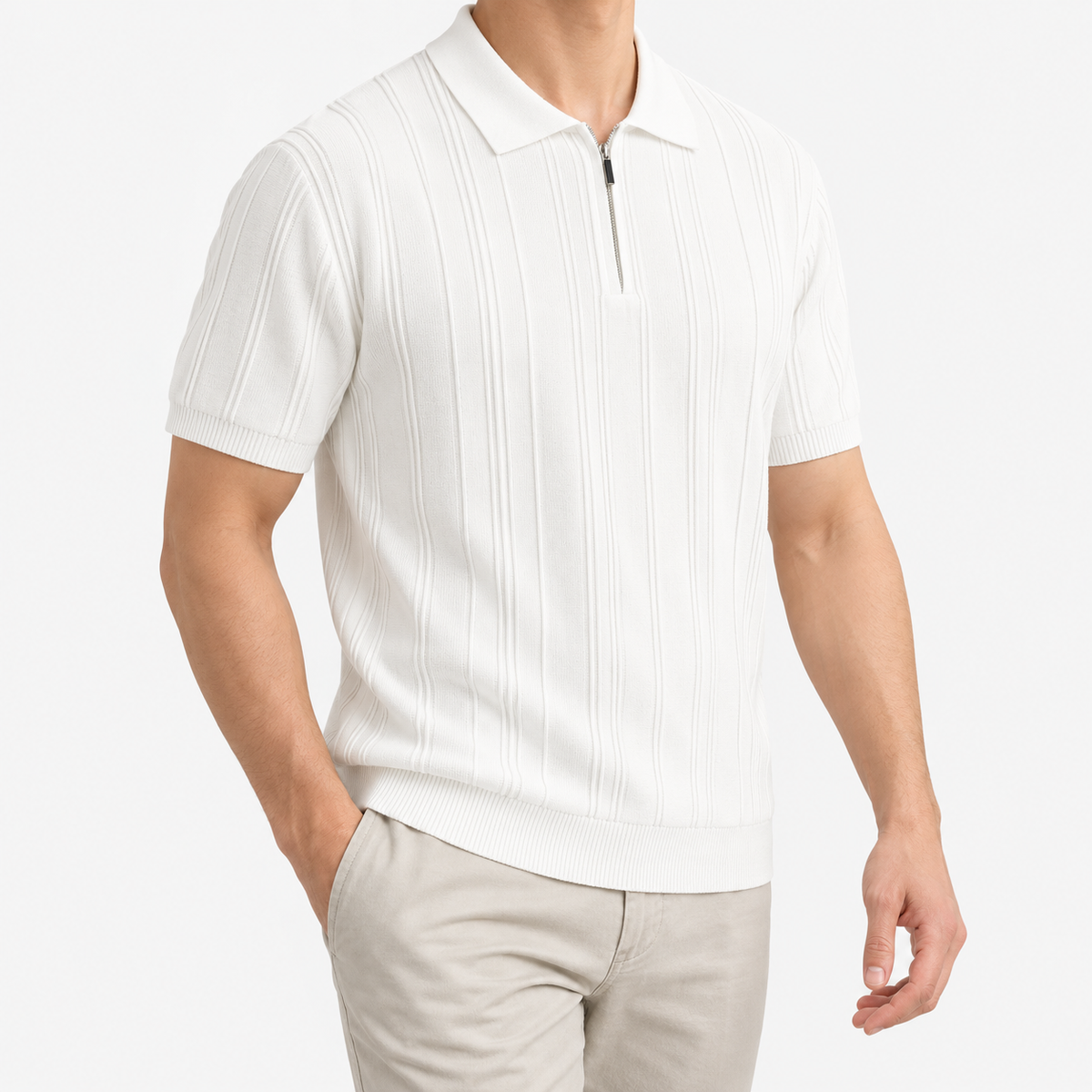 Leonardo summer business polo shirt in white, three-quarter model view