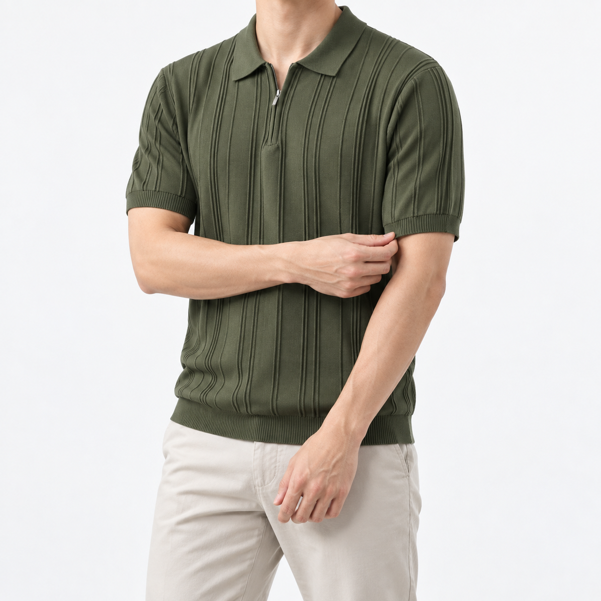 Leonardo summer business polo shirt in army green, three-quarter model view
