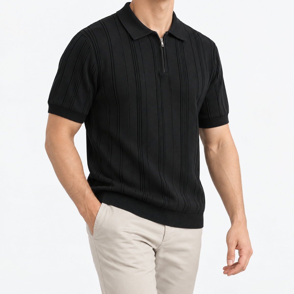 Leonardo summer business polo shirt in black, three-quarter model view