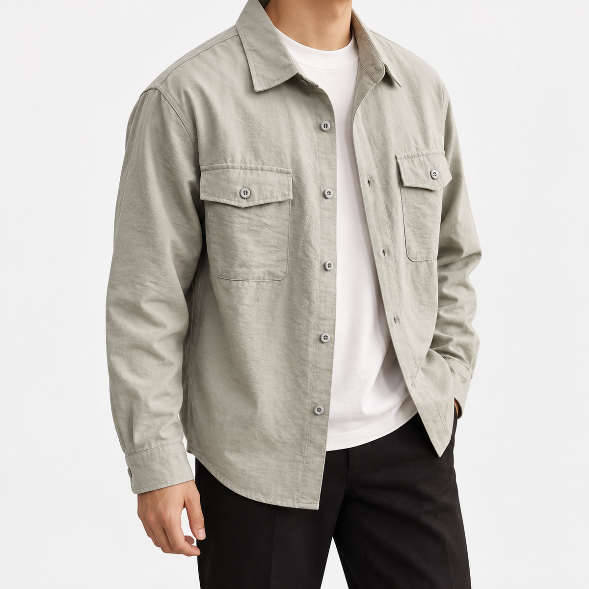 Leonardo streetwear gray jacket in light gray, three-quarter model view