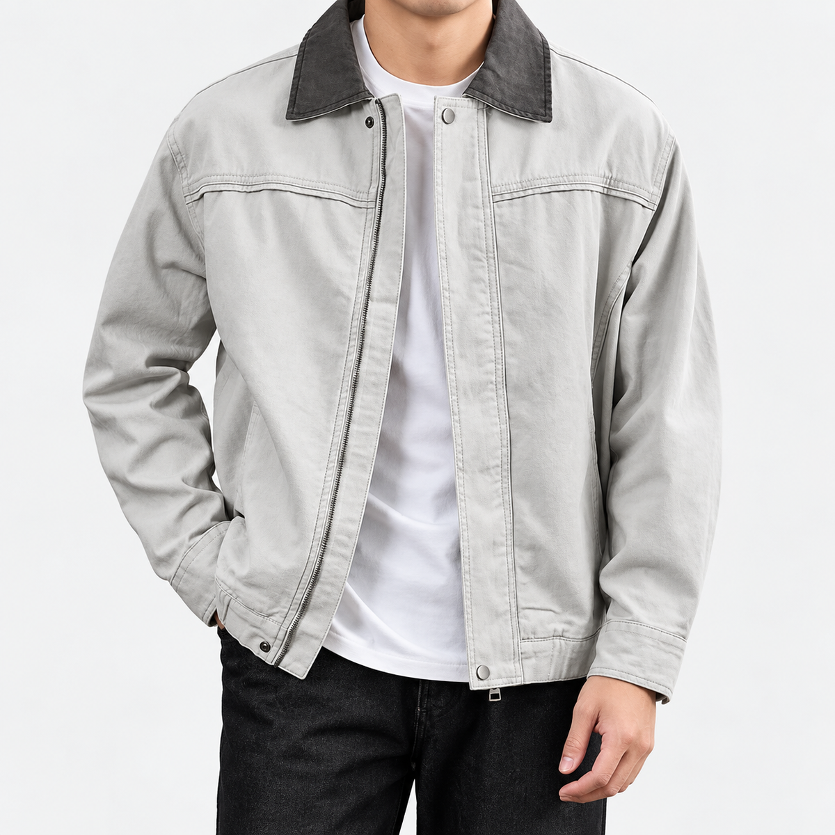 Leonardo american washed cotton jacket in white gray, front model view