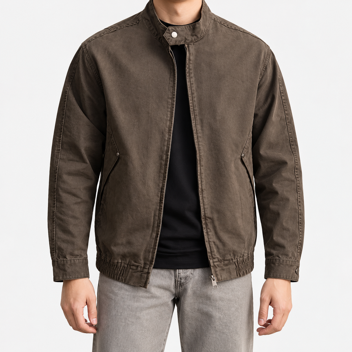 Leonardo spring washed cotton jacket in brown, front model view