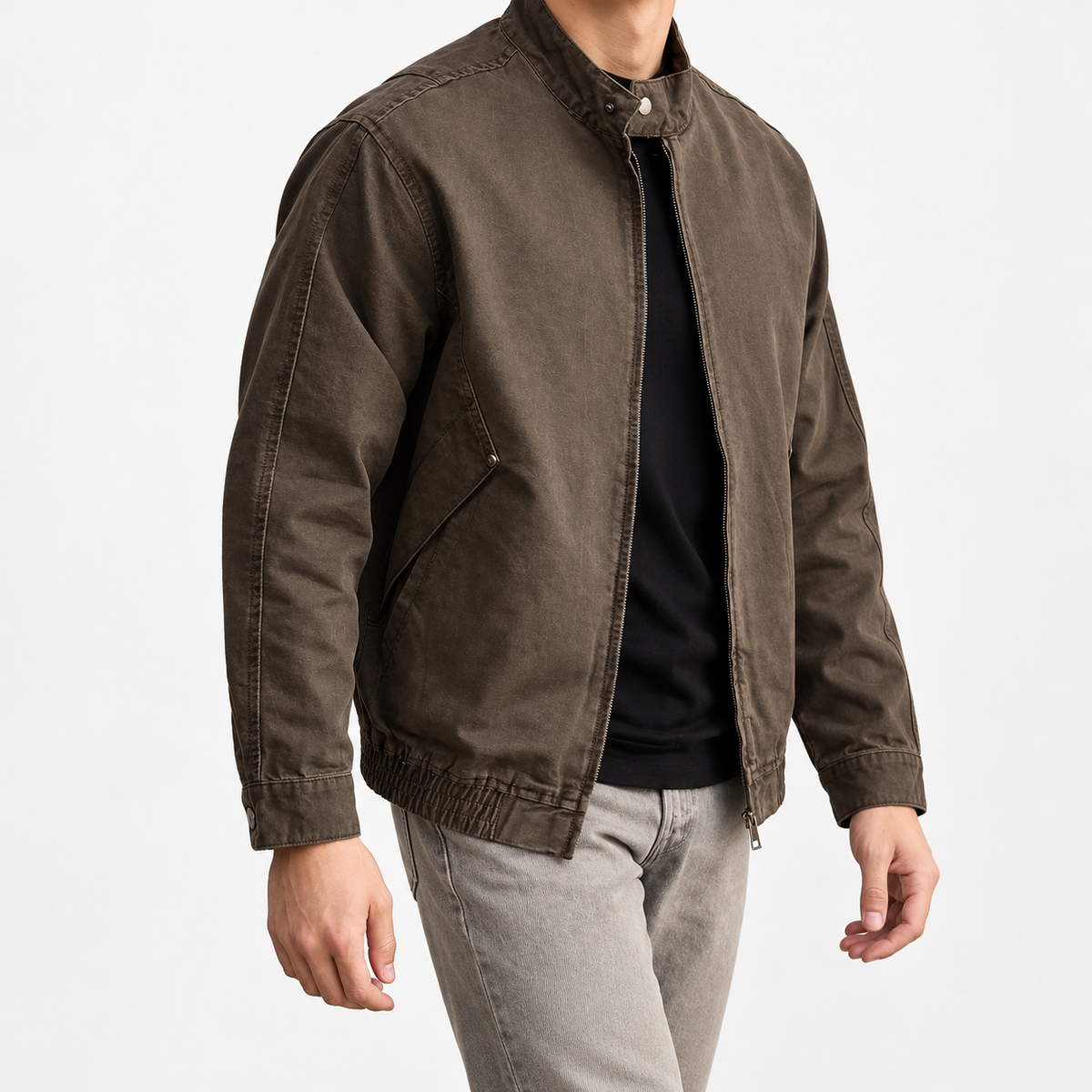 Leonardo spring washed cotton jacket in brown, three-quarter model view