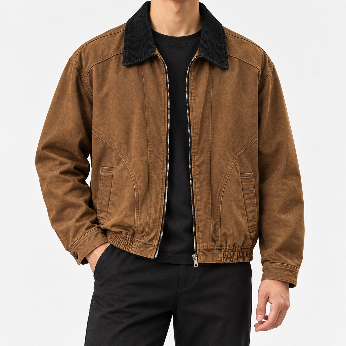 Leonardo cotton jacket with high-contrast collar in brown, front model view