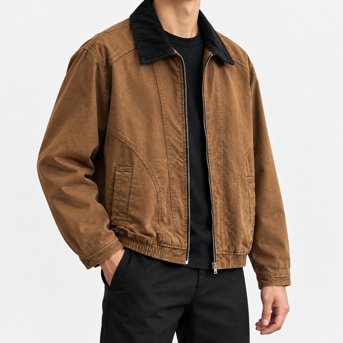 Leonardo cotton jacket with high-contrast collar in brown, three-quarter model view
