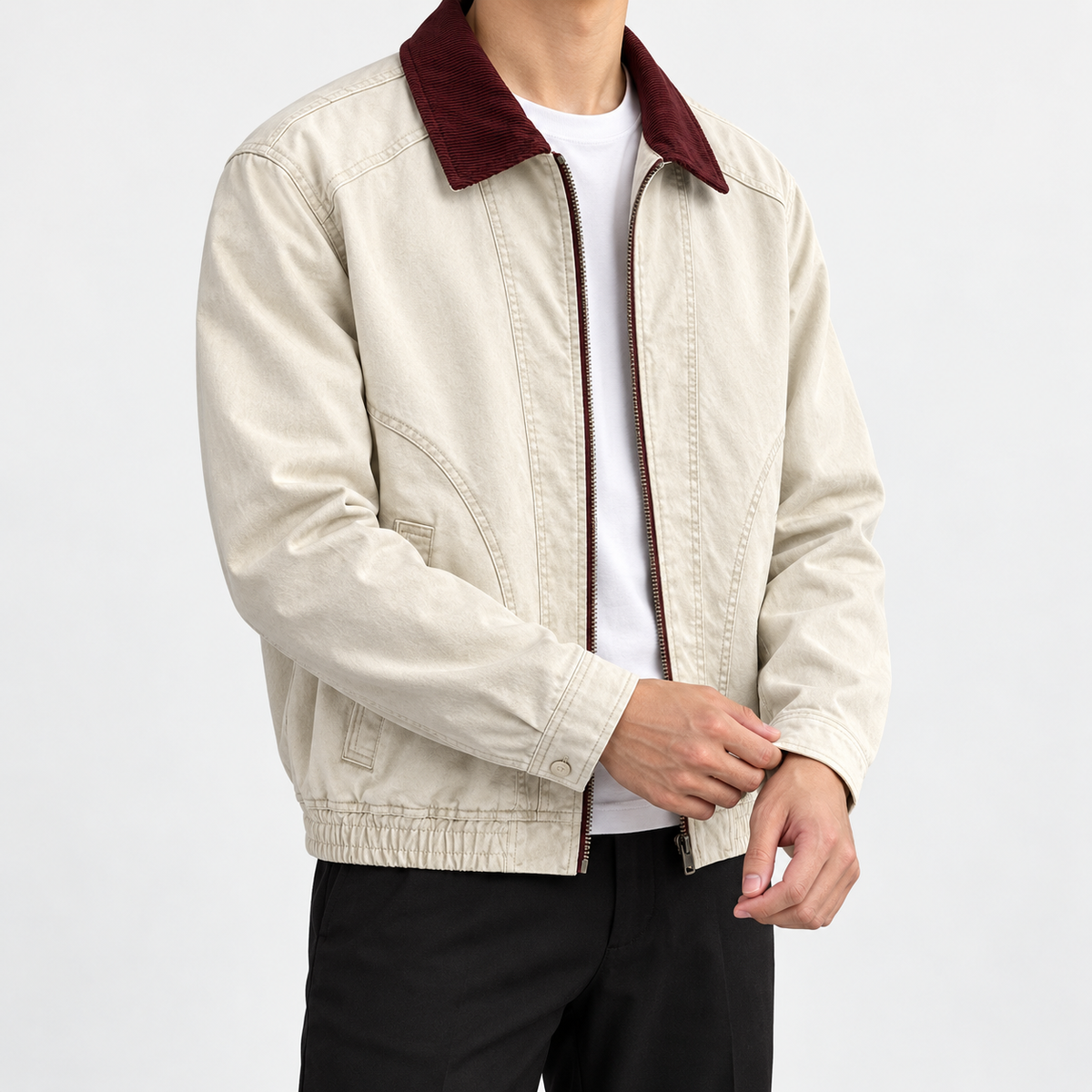 Leonardo cotton jacket with high-contrast collar in beige, three-quarter model view