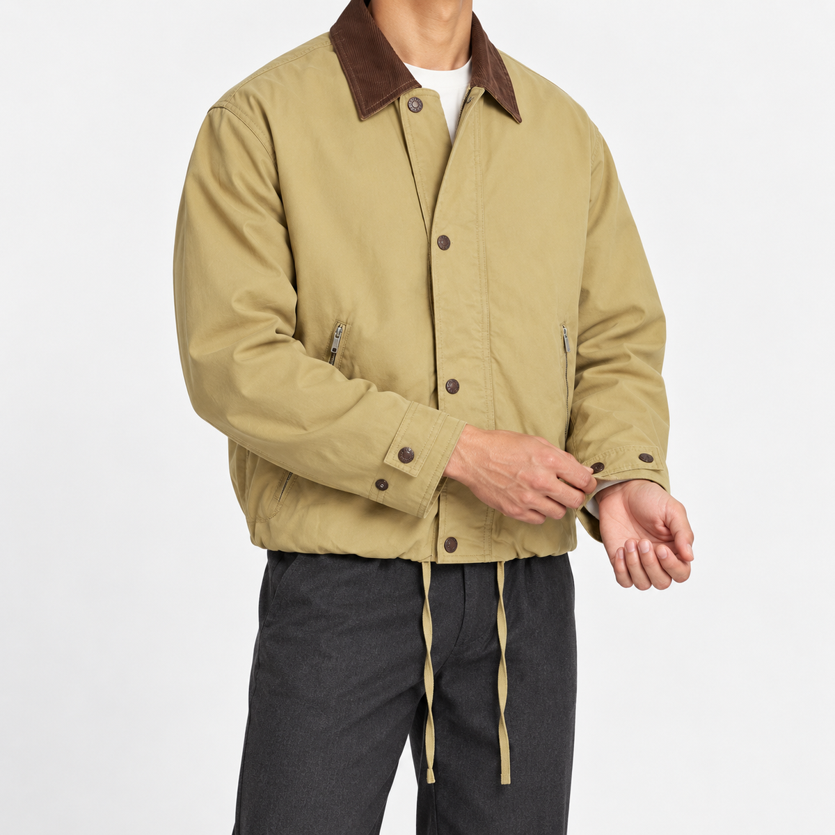 Leonardo bomber cotton jacket cityboy in khaki, three-quarter model view