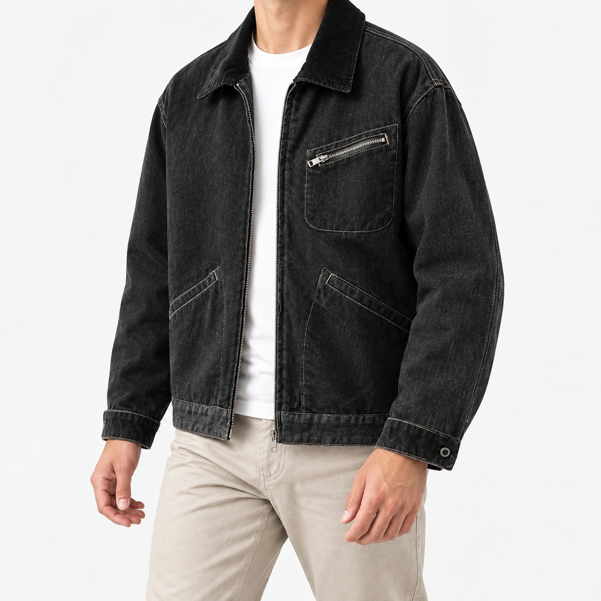 Leonardo casual denim loose jacket in black, three-quarter model view